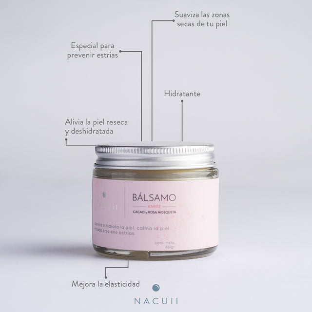 Bálsamo hidratante para piel muy seca y ayuda a prevenir estrías.