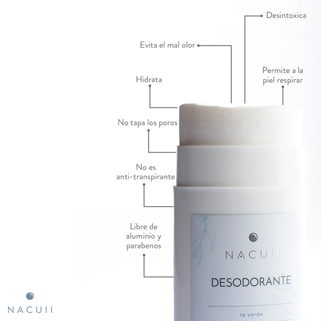 Desodorante natural, aclarante libre de aluminio y parabenos.