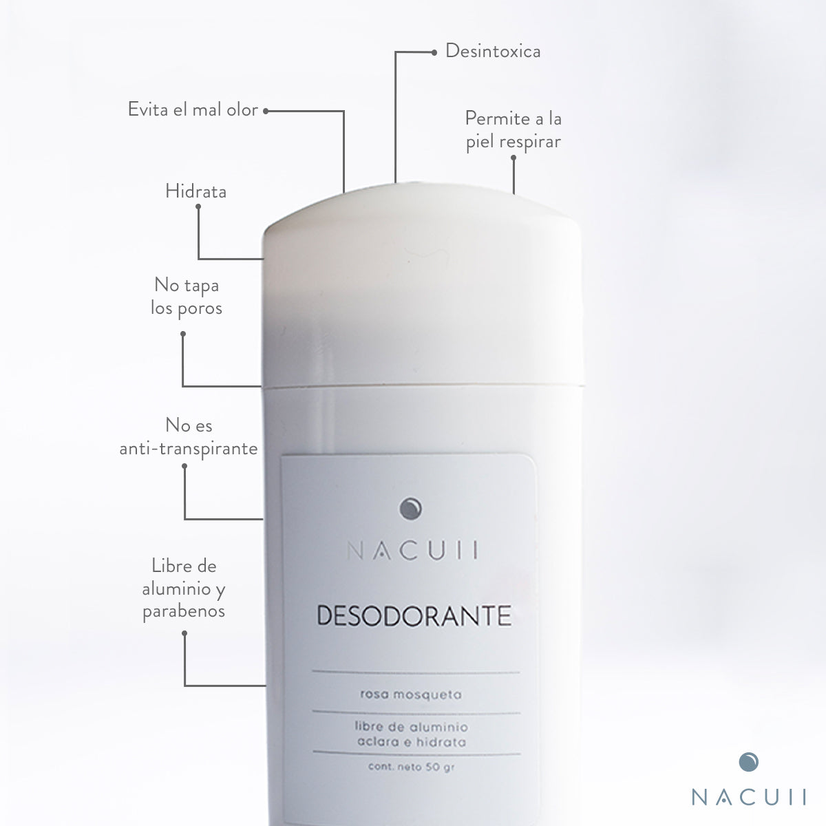 Desodorante natural, aclarante libre de aluminio y parabenos.