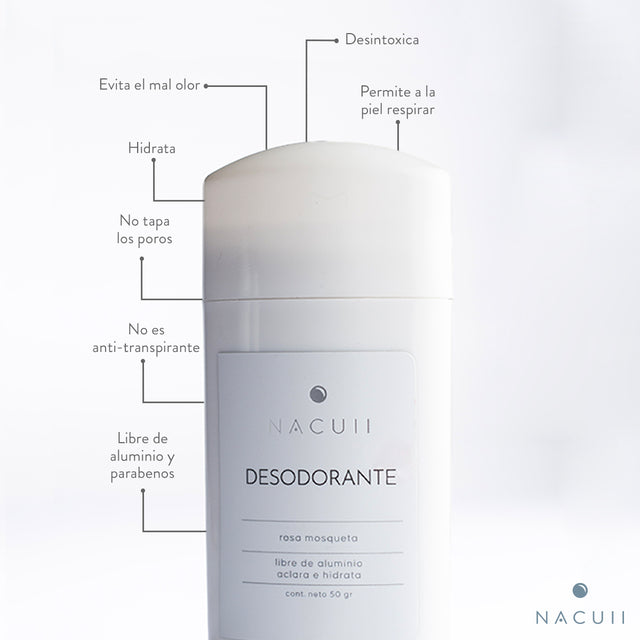 Desodorante natural, aclarante libre de aluminio y parabenos.