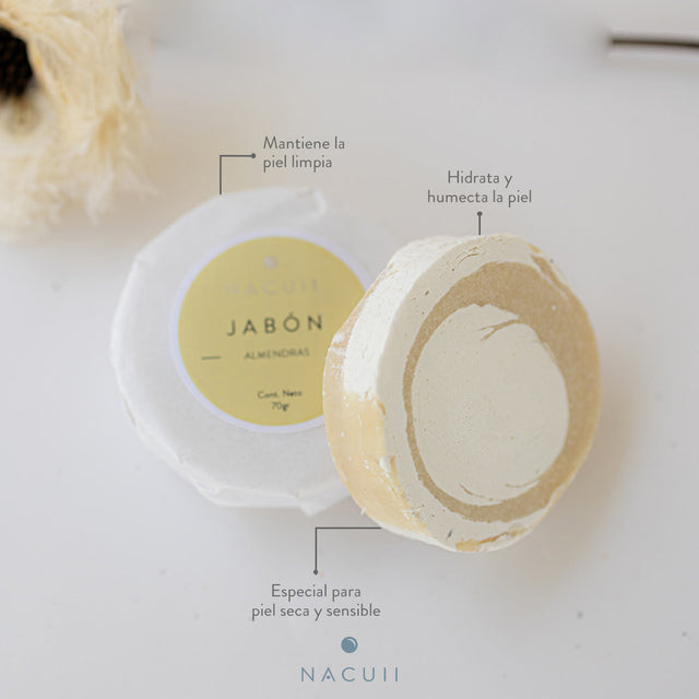 Jabón limpiador facial de almendras natural. Especial para piel seca y sensible . Limpia e Hidrata. 